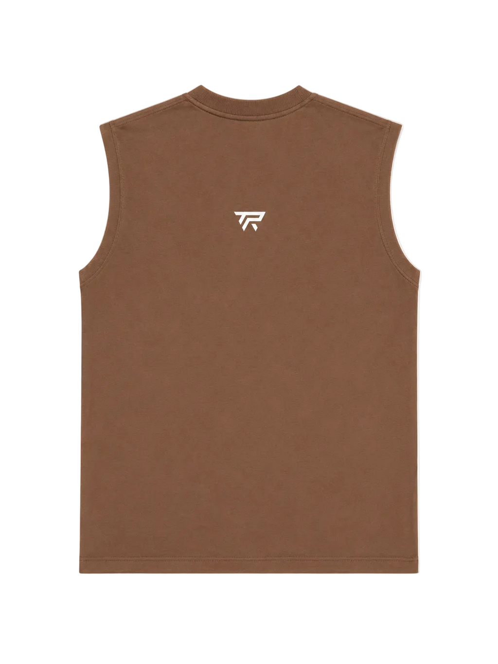 A brown sleeveless tank top shown from the back, featuring a small white stylized 'TR' logo centered on the upper back, set against a plain light gray background.
