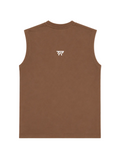A brown sleeveless tank top shown from the back, featuring a small white stylized 'TR' logo centered on the upper back, set against a plain light gray background.