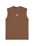 A brown sleeveless tank top shown from the back, featuring a small white stylized 'TR' logo centered on the upper back, set against a plain light gray background.