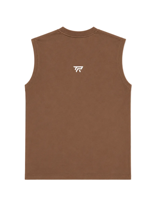 A brown sleeveless tank top shown from the back, featuring a small white stylized 'TR' logo centered on the upper back, set against a plain light gray background.