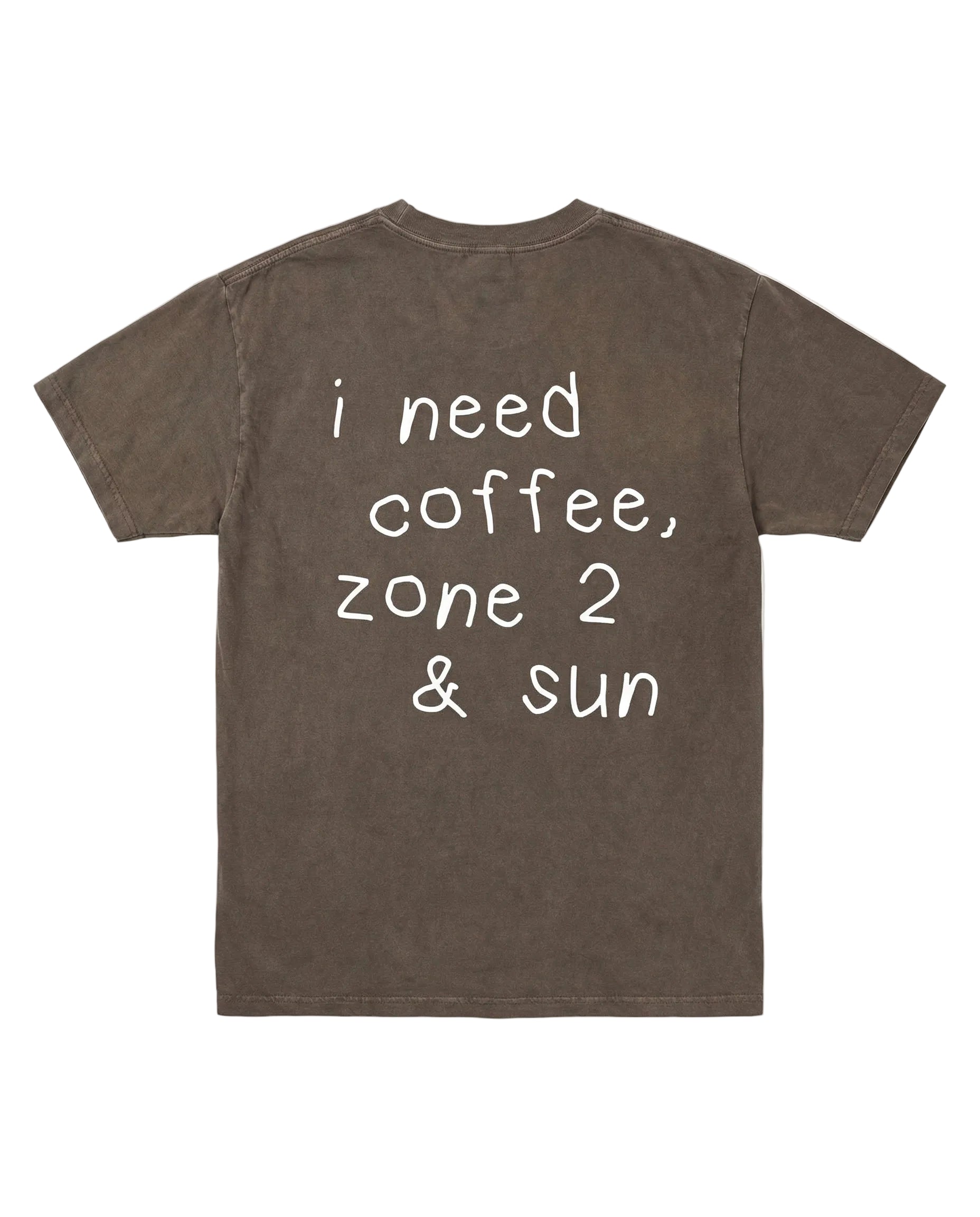 Brown t-shirt with white text on a white background