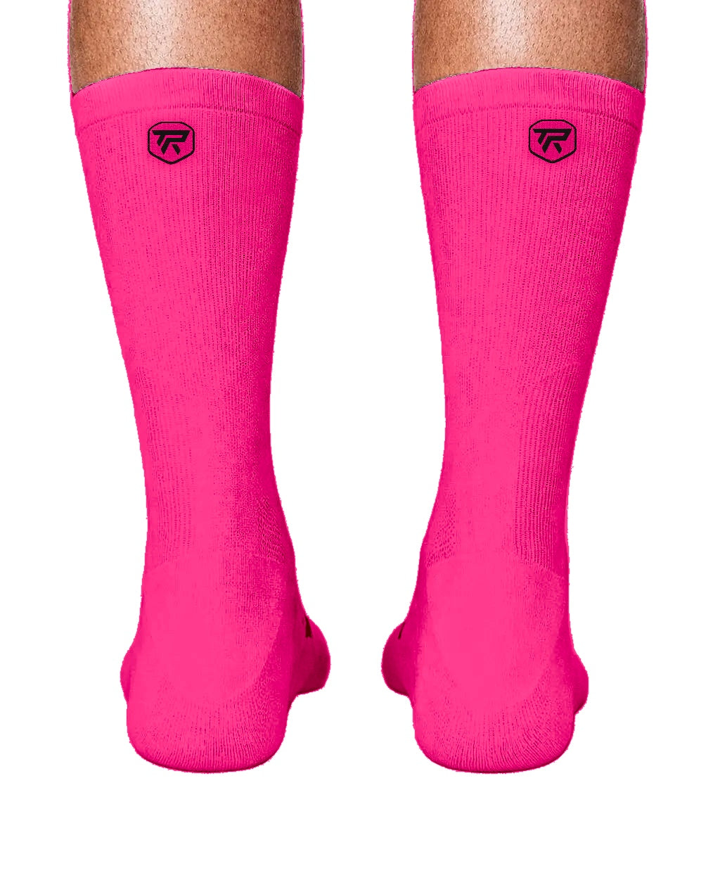 Performance Socks 003 in Neon Pink by Taper, back view with TR monogram