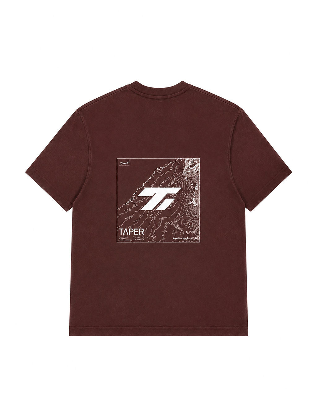 Taper Foundation Tee in maroon, back view with topographic square graphic