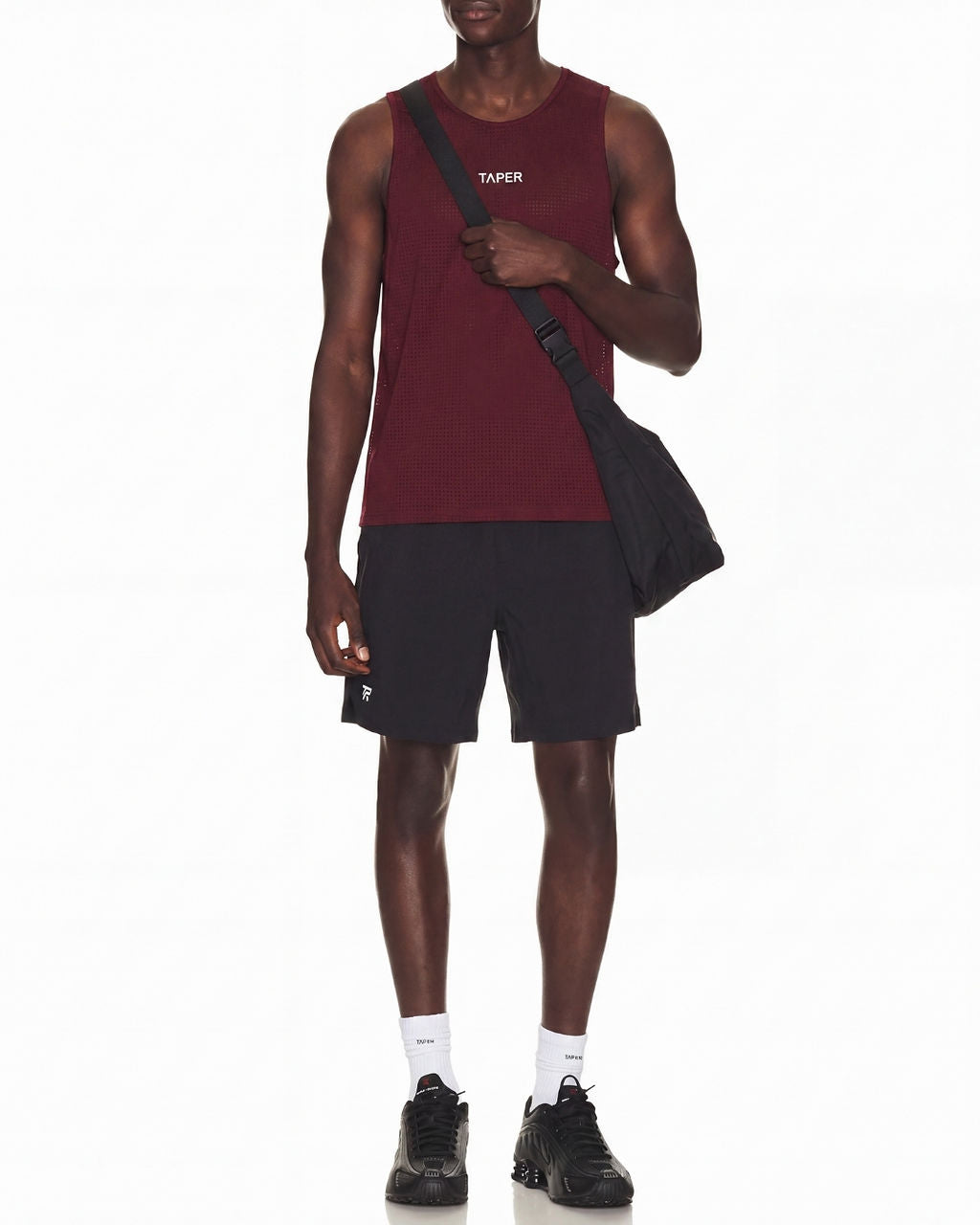 Taper Singlet by Taper in Burgundy — full look with training shorts