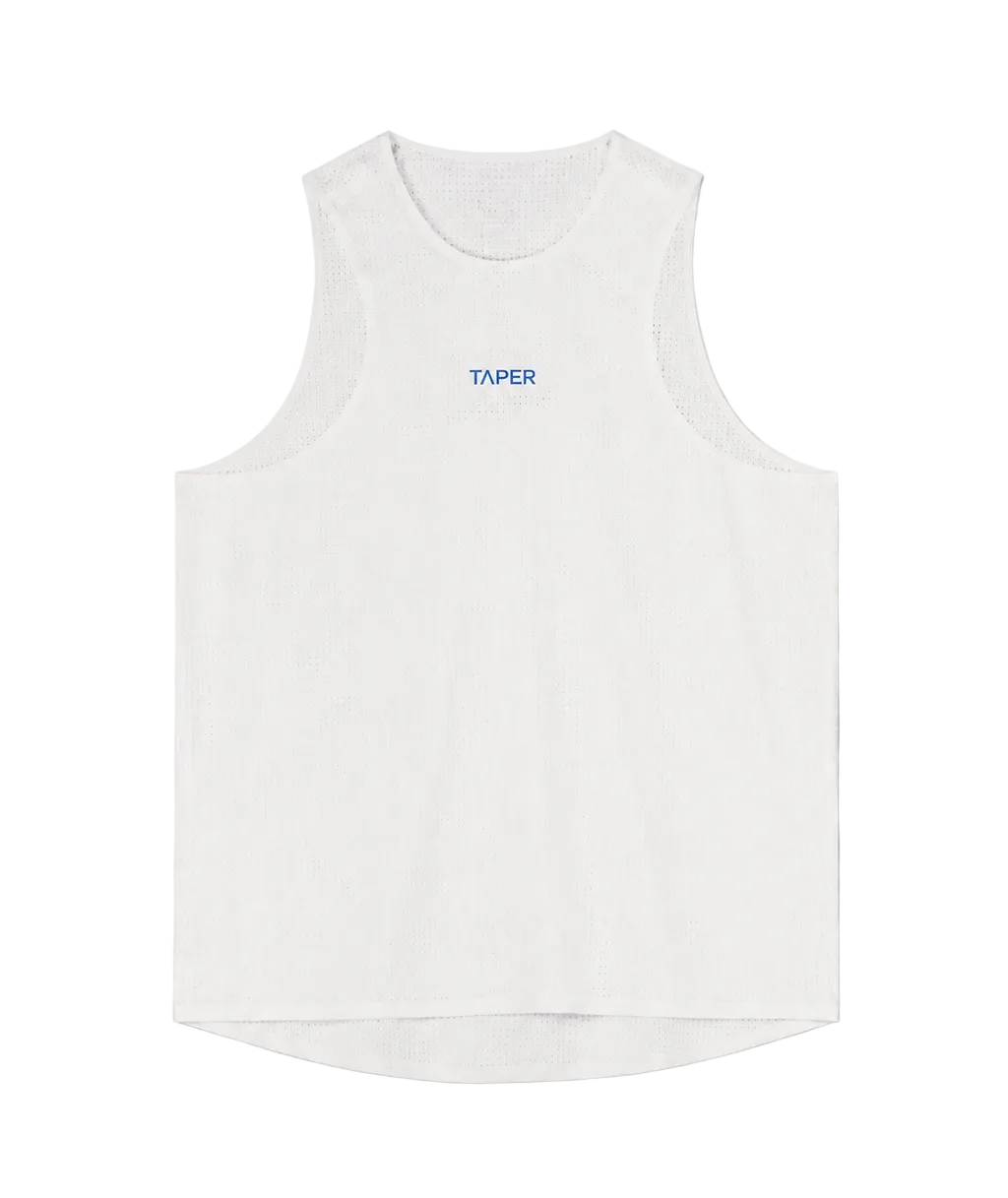 Taper Singlet by Taper in White — perforated running singlet, front